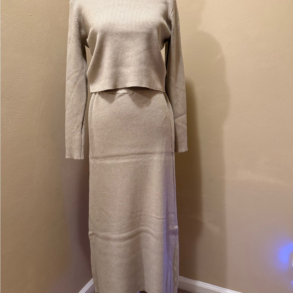Elegant Beige Knit Skirt Set